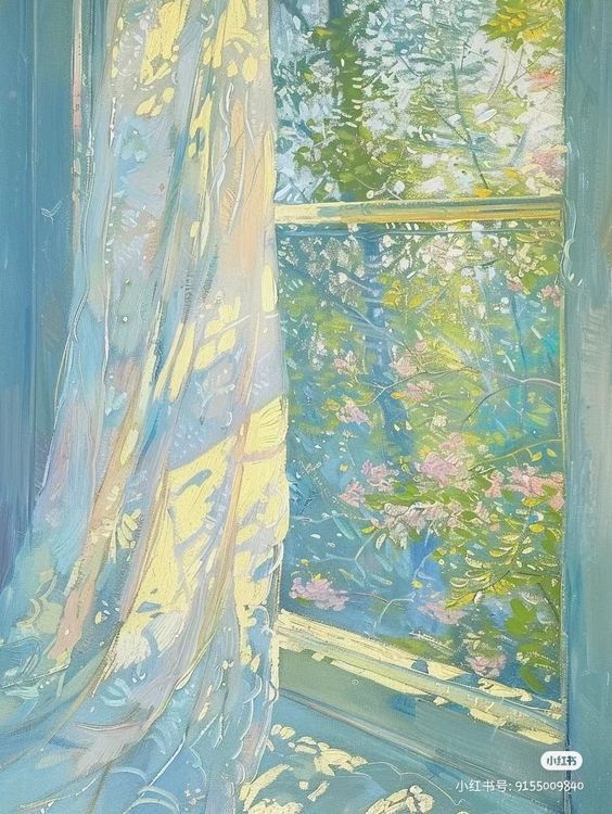 Impressionist painting of lace curtain by sunny window overlooking garden