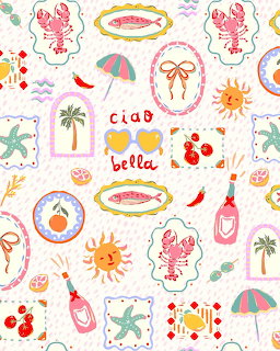 Repeating pattern of Italian summer icons including lobsters, citrus fruits, beach umbrellas, and ciao bella text