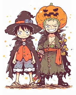 Two anime characters in Halloween costumes, one as witch with pumpkin head, other in ragged outfit