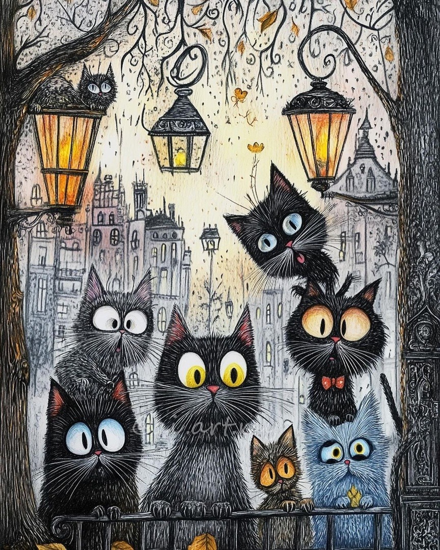 Illustration of wide-eyed cats under street lamps with Paris buildings behind them