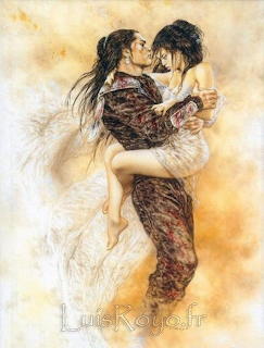 Fantasy painting of a man carrying a woman in a romantic embrace with warm tones
