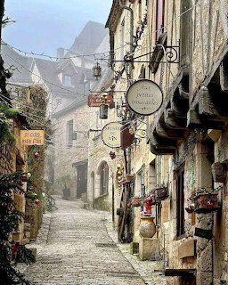 Narrow cobblestone street lined with old stone buildings and shop signs in French village