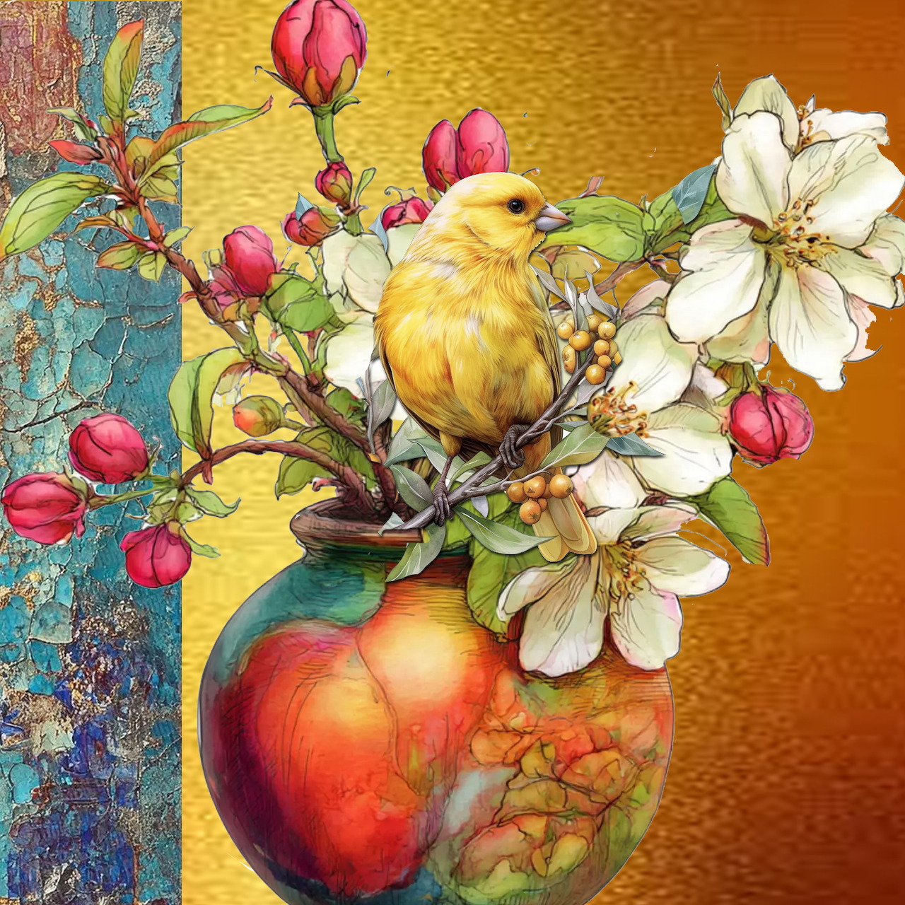 Yellow canary on flowering branches in an orange vase with a gold background