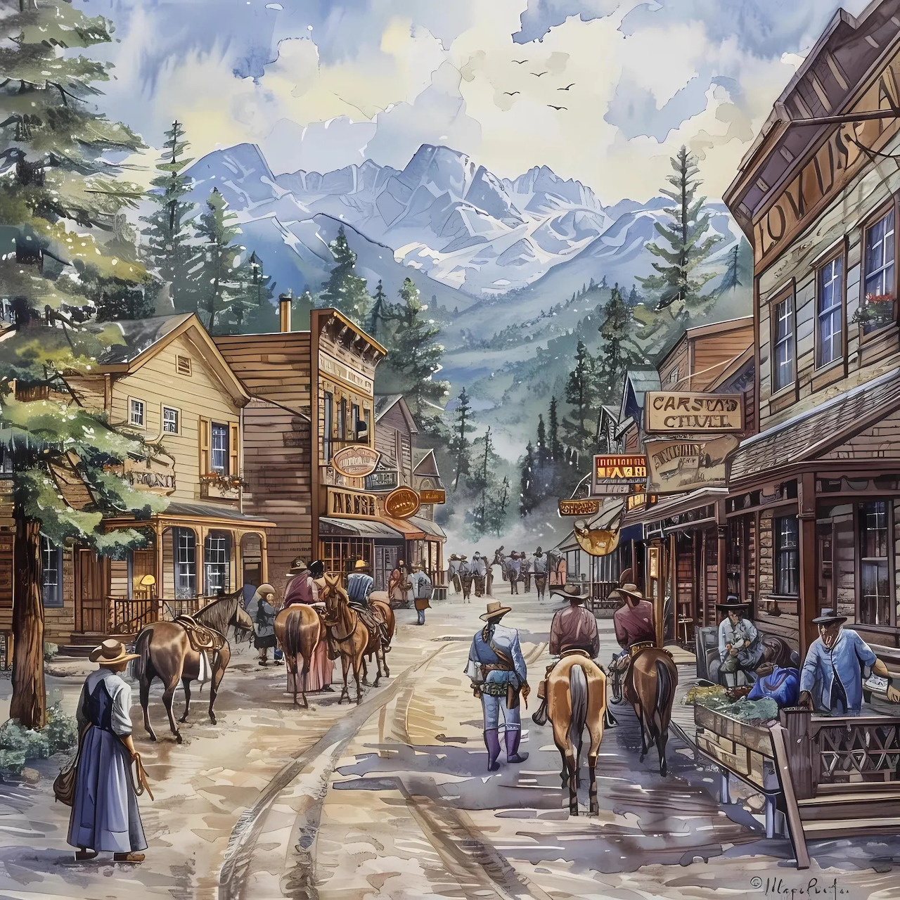 Watercolor painting of an Old West town main street with wooden buildings, horses, and mountain backdrop
