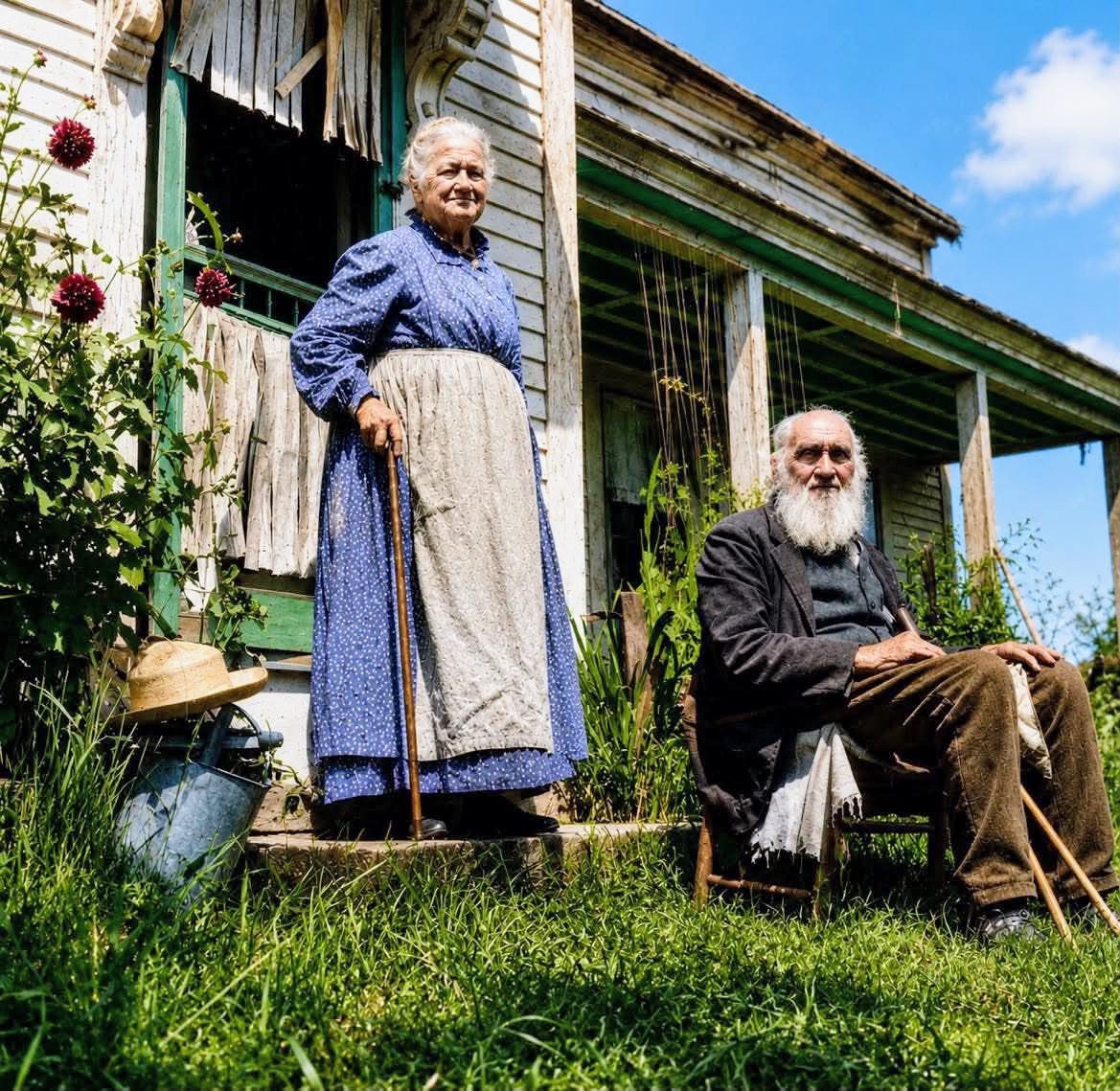 Elderly couple in vintage clothing outside rustic wooden house with garden