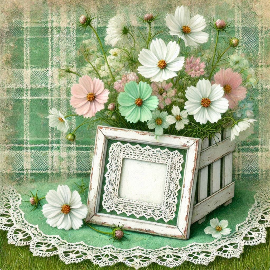 Vintage picture frame with cosmos flowers and lace doily on green plaid fabric