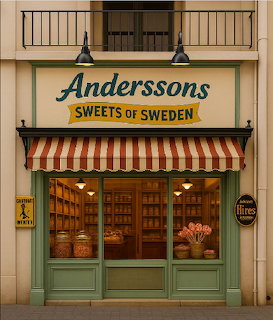 Candy shop storefront with striped awning, green doors, and Anderssons Sweets of Sweden sign