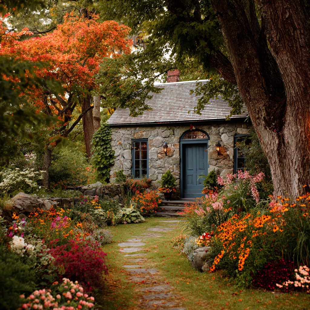 Stone cottage with blue door framed by autumn trees and colorful garden flowers along a winding path