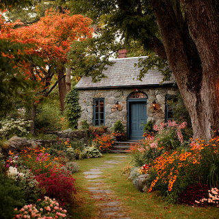 Stone Cottage in Autumn Garden