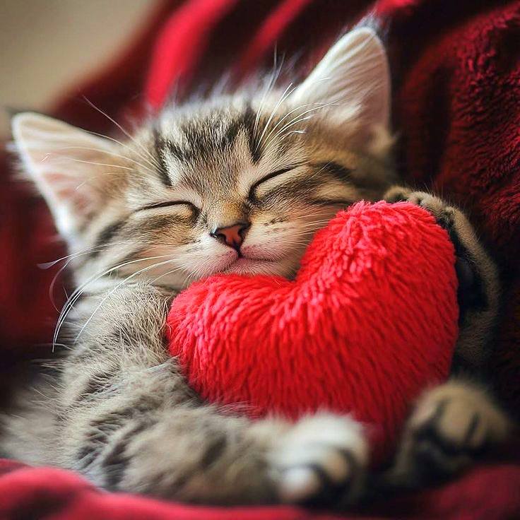 Sleeping tabby kitten cuddling red heart plush on red blanket