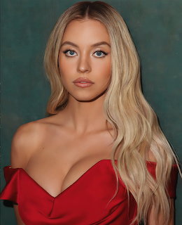 Portrait of blonde woman wearing red dress on teal background