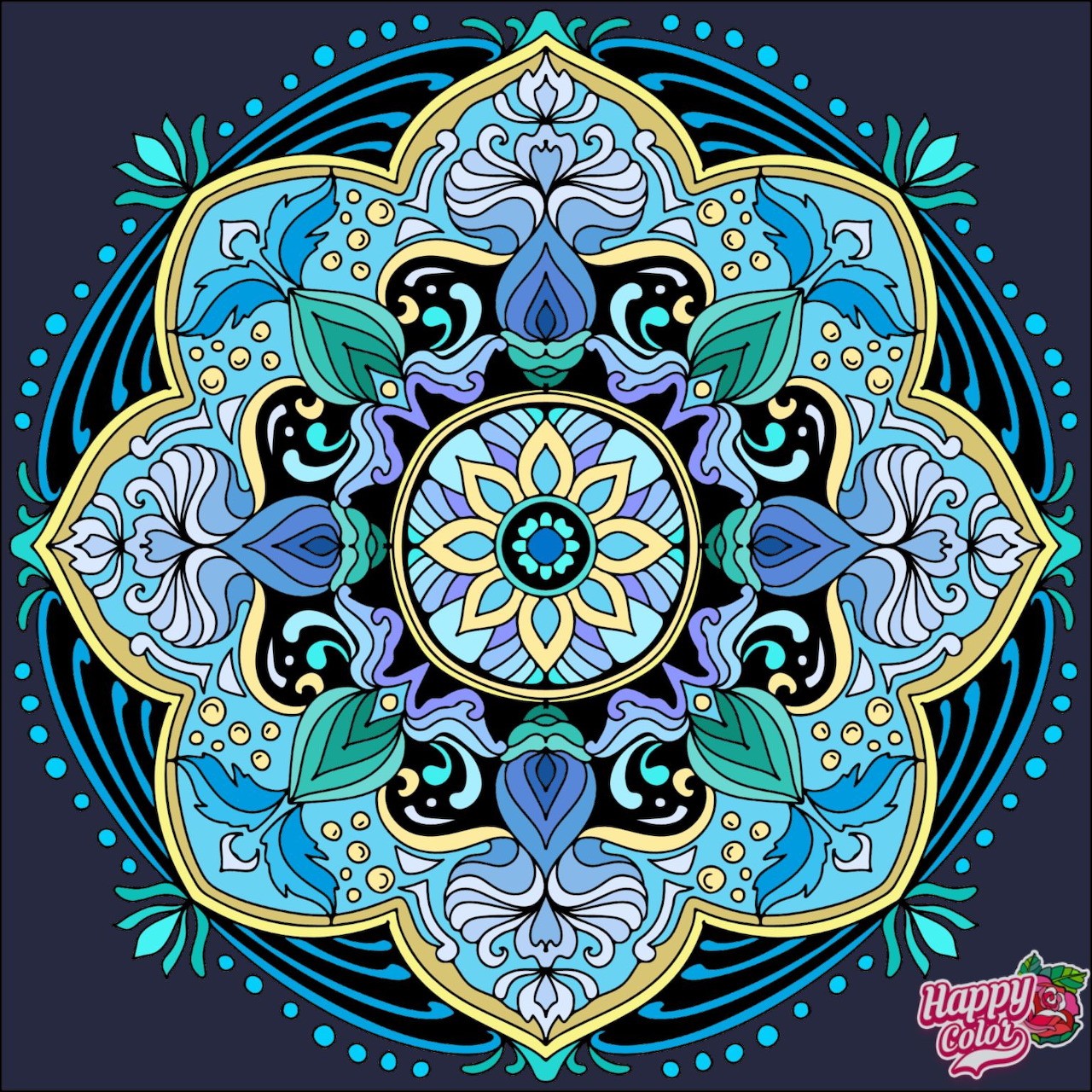 Decorative mandala with blue and gold geometric and floral patterns in radial symmetry