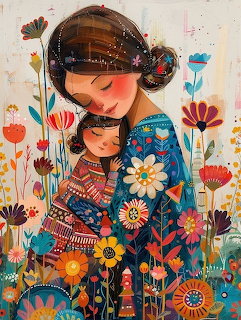 Illustration of a mother holding a child surrounded by colorful folk-style flowers and patterns