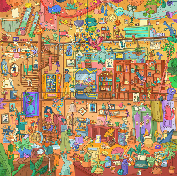 Colorful whimsical illustration of a cluttered room filled with furniture, plants, and countless decorative objects