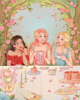 Illustration of three princesses having tea and desserts at a garden table surrounded by roses and trees