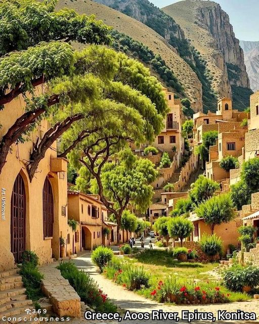 Stone arched buildings with lush trees along a pathway in a hillside Mediterranean village