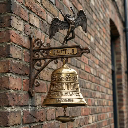 Bronze Led Zeppelin commemorative bell with winged angel figure mounted on brick wall