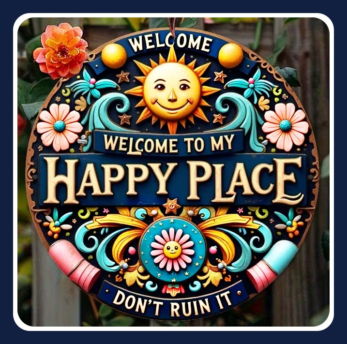 Colorful welcome sign with smiling sun, flowers, and the words My Happy Place