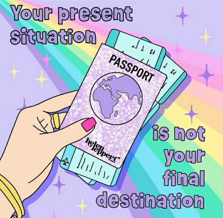 Hand holding passport and tickets with motivational travel quote on colorful gradient background with sparkles