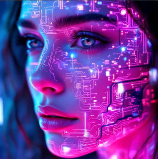 Close-up of a woman's face with glowing neon circuit patterns in pink and blue