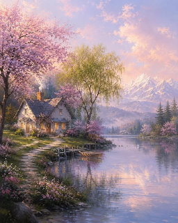 Cottage beside calm lake with blooming trees and distant mountains under colorful sky