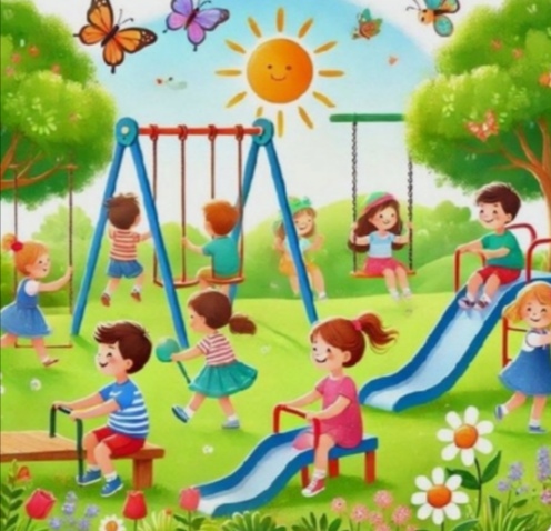 Cartoon children playing on swings, slide, and seesaws in a sunny park