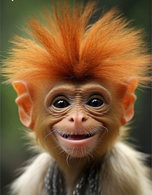 Close-up of a baby orangutan with spiky orange hair and large eyes looking at camera