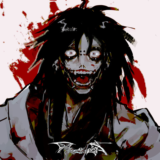 Jeff the Killer creepypasta character with wide eyes, carved smile, and black hair on white and red background