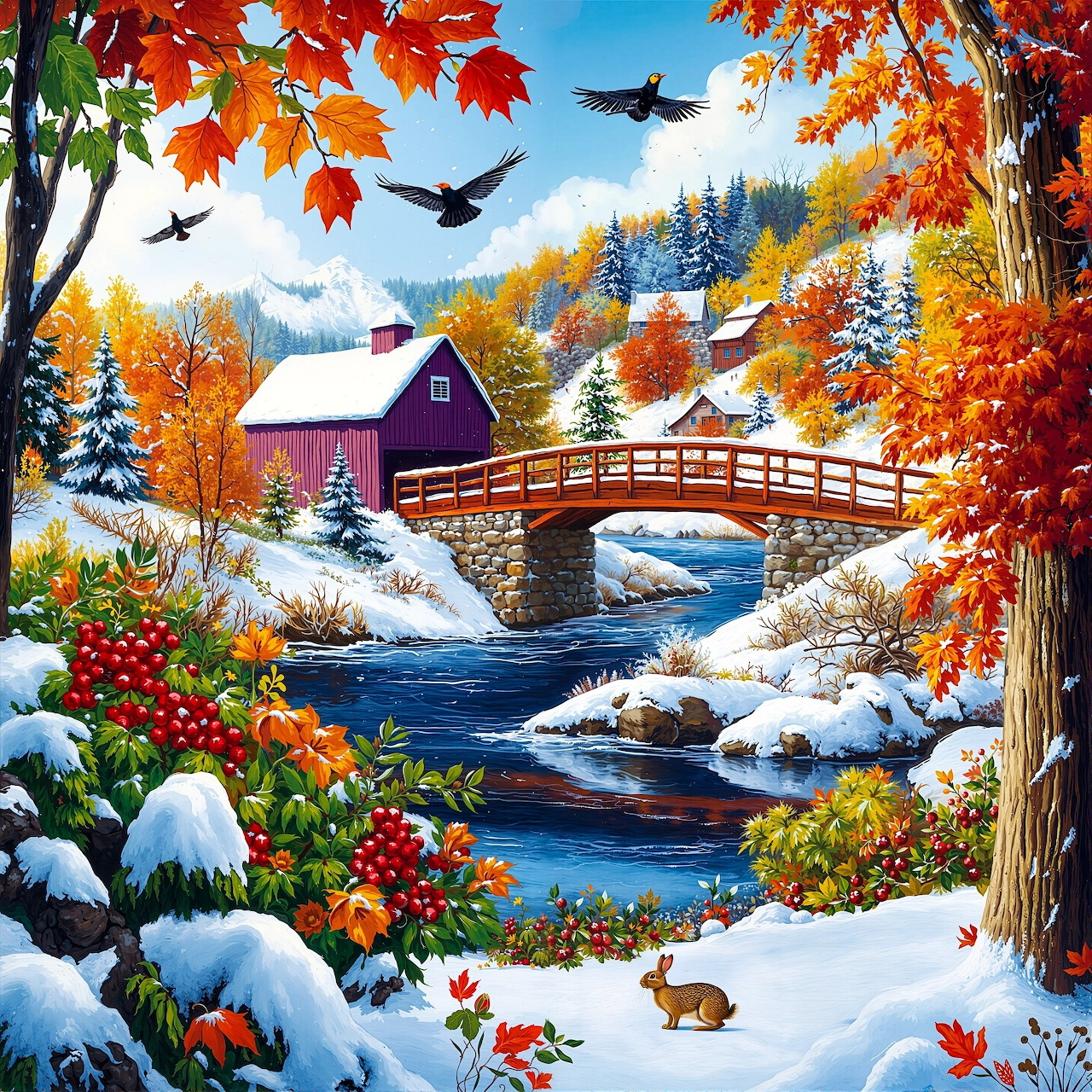 Painting of covered bridge over stream with autumn trees, snow, flying birds, and rabbit in foreground