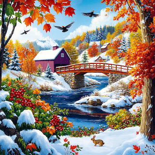 Covered Bridge Winter Stream Scene