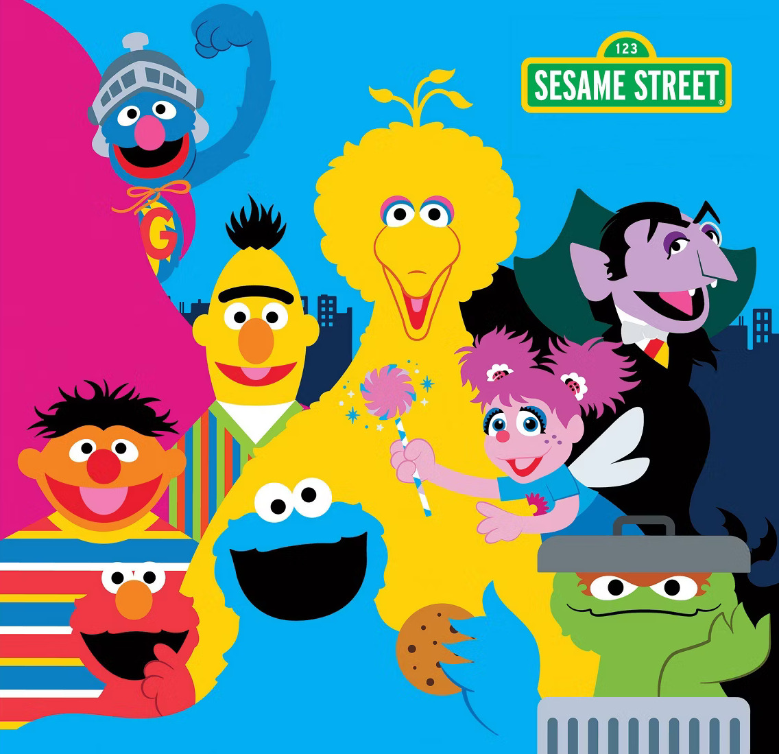 Group of Sesame Street cartoon characters in bright colors