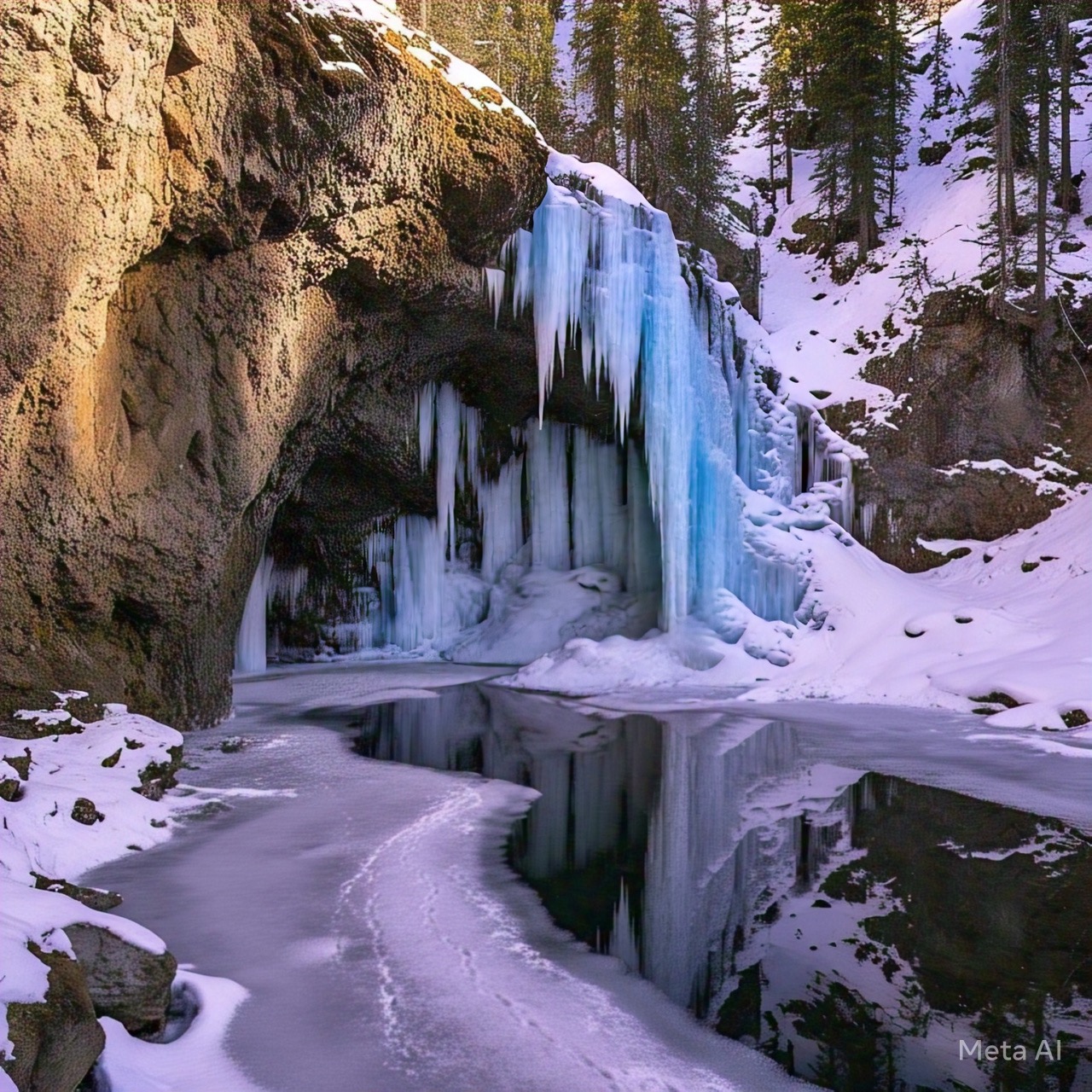 Frozen waterfall on a rocky cliff above a reflective pool with snow and pine trees
