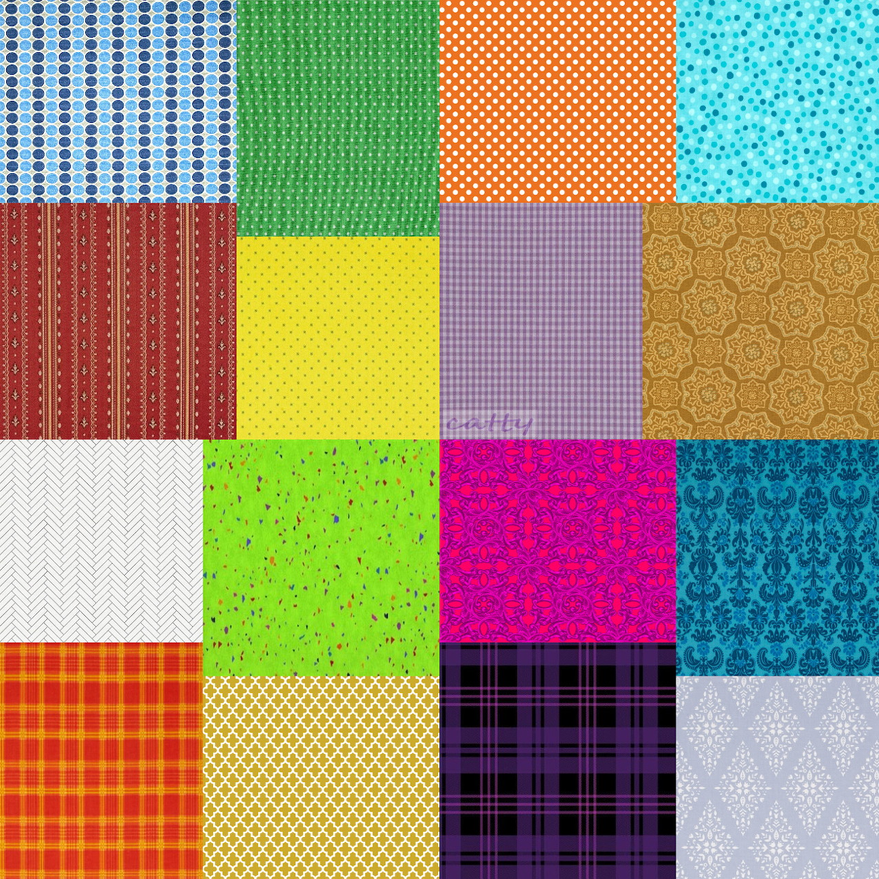 Grid of 20 colorful fabric pattern squares arranged in 5 rows and 4 columns