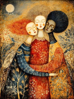 Stylized painting of three women in colorful patterned dresses embracing under a moon with botanical elements