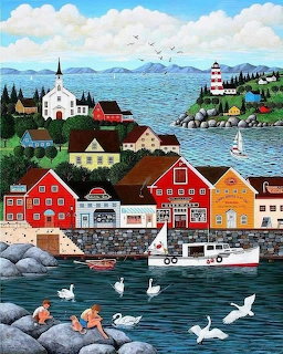 Folk art painting of colorful village by water with lighthouse, church, boats and mountains