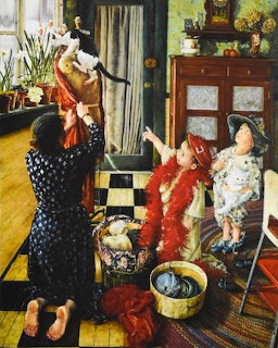 Folk art painting of three women in patterned dresses in a checkered floor room with cabinet and curtains