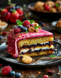 Slice of berry layer cake with pink icing, berry filling, and fresh raspberries and blueberries on top