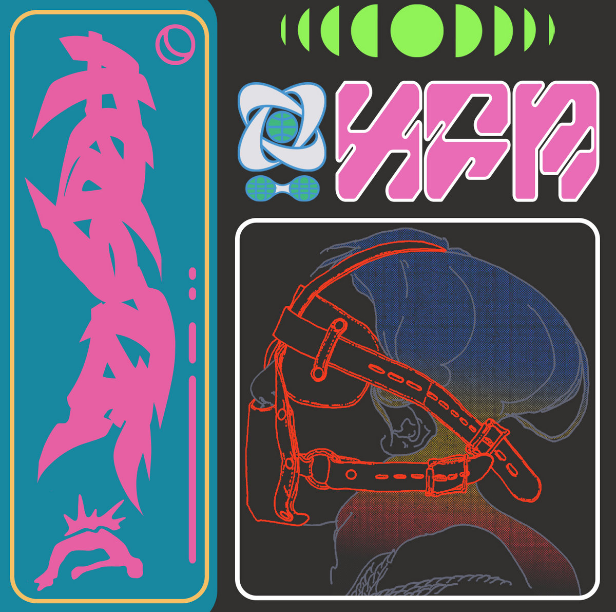 Abstract graphic with neon shapes, stylized text, and a line-art football helmet