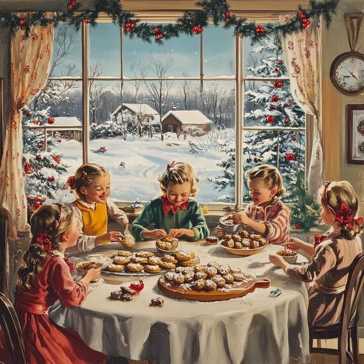Children decorating Christmas cookies at table near window with snowy winter scene and Christmas tree outside