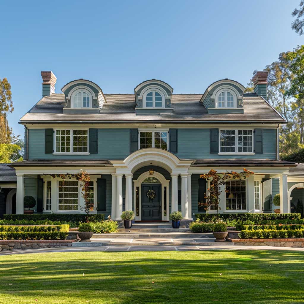 Two-story green colonial house with white trim, arched doorway, symmetrical windows, and landscaped front yard