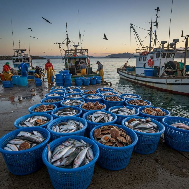 Fishing boats docked at harbor with blue baskets of fresh fish on dock at golden hour