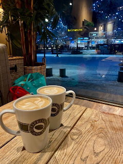 Two white Espresso House mugs with latte art on a wooden table by a window overlooking a snowy street at night