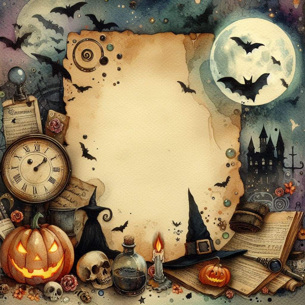 Halloween illustration with jack-o-lanterns, flying bats, skulls, antique clock, and spooky castle framing blank scroll