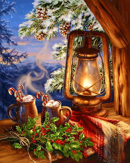 Two mugs of hot cocoa with candy canes and marshmallows beside a glowing lantern and pine branches by a snowy window