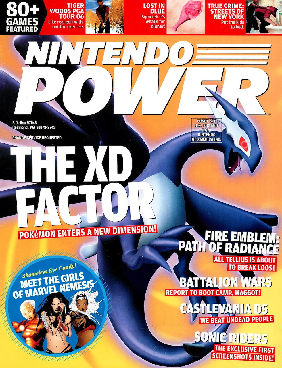 Nintendo Power magazine Issue 197 cover featuring Lugia and the headline 'The XD Factor'