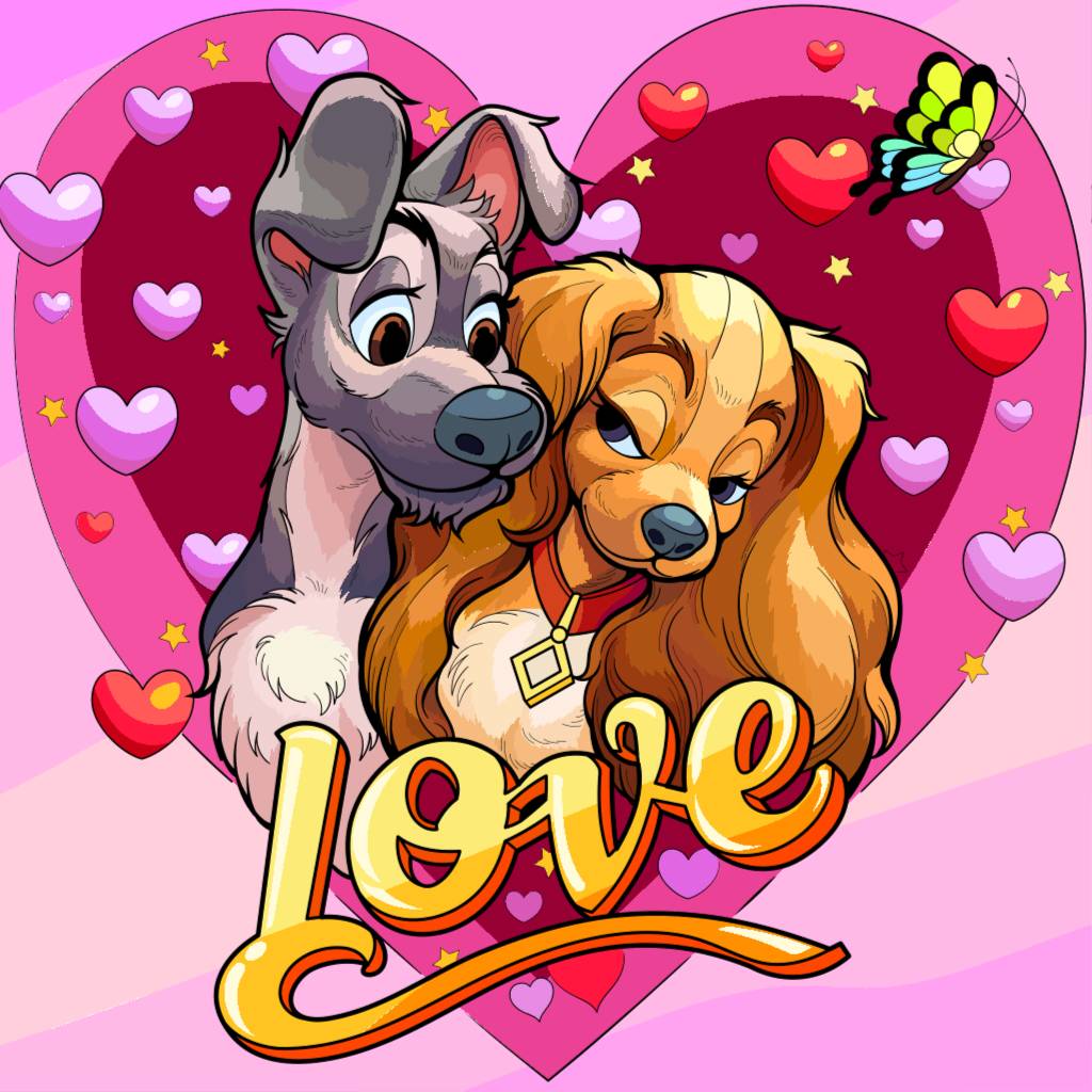 Two cartoon dogs cuddling inside a pink heart with 'love' text