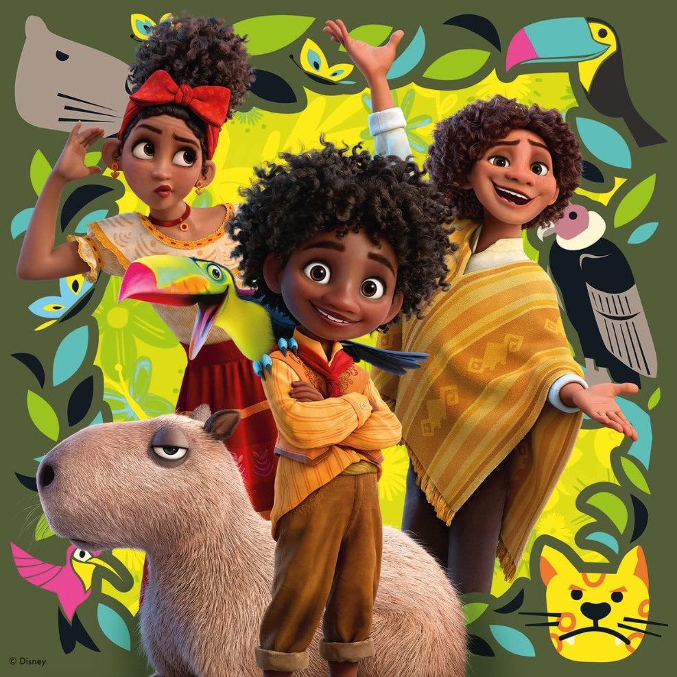 Animated Encanto characters with colorful tropical animals and foliage in a vibrant group portrait