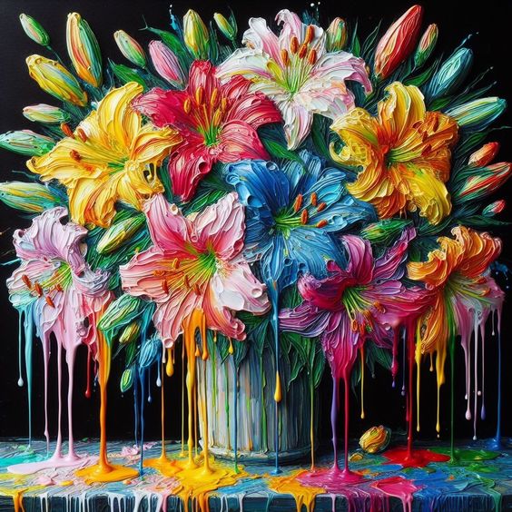 Textured painting of colorful flowers with paint dripping down against dark background