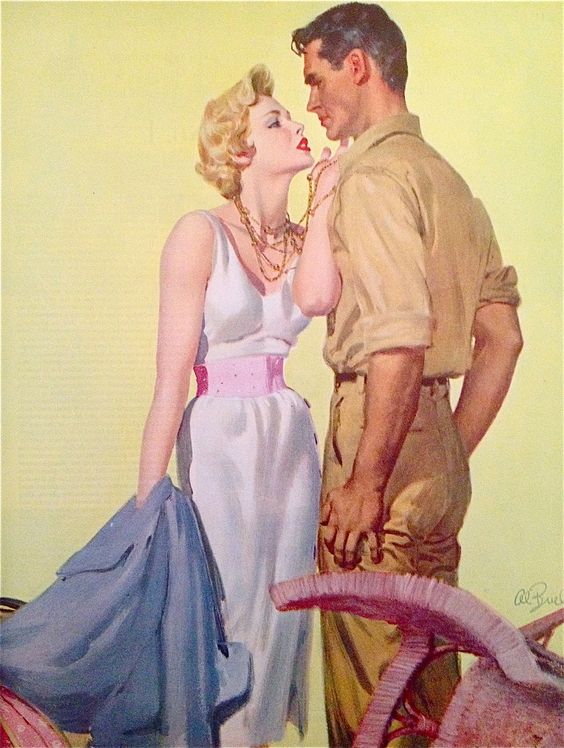 Vintage illustration of a blonde woman and a man standing closely in a romantic pose