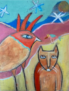 Naive art painting of a red bird standing next to an orange cat in a pastel landscape